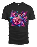 Colorful Hummingbird And Rose Graphic Tee With Floral Art - black t-shirt on white background