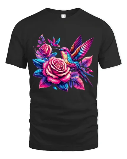 Colorful Hummingbird And Rose Graphic Tee With Floral Art - black t-shirt on white background