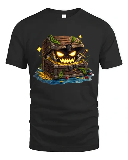 Spooky Treasure Chest Graphic Tee With Creepy Fantasy Art - black t-shirt on white background