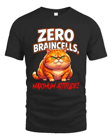 Zero Braincells Maximum Attitude Funny Cat Graphic Tee - black t-shirt on white background