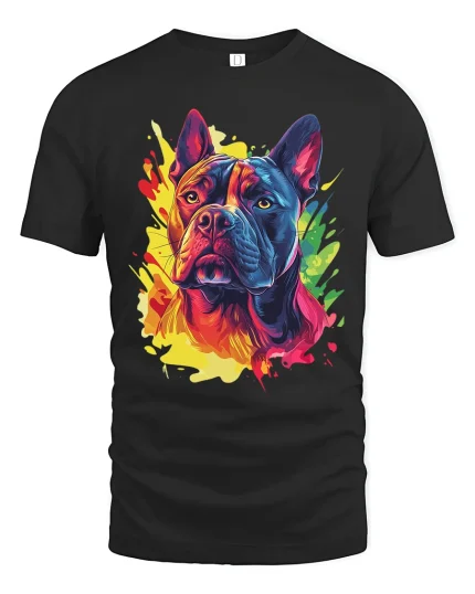 Colorful Bulldog Paint Splash Graphic Tee With Bold Art - black t-shirt on white background