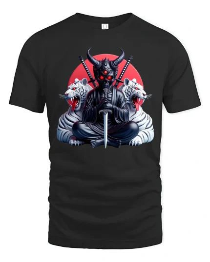 Demon Samurai Warrior Graphic Tee With Dark Japanese Art - black t-shirt on white background