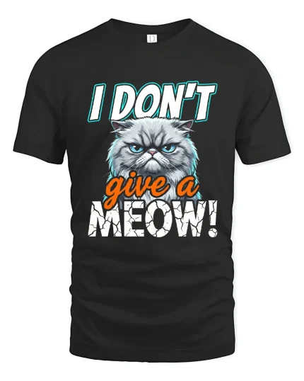 I Dont Give A Meow Funny Grumpy Cat Graphic Tee - black t-shirt on white background
