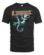 Funny Hanging Gecko Graphic Tee With Cute Cartoon Style - black t-shirt on white background