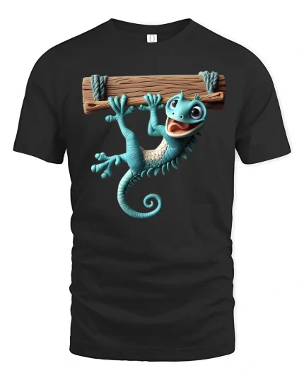 Funny Hanging Gecko Graphic Tee With Cute Cartoon Style - black t-shirt on white background