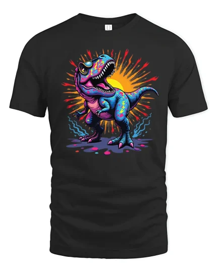 Colorful Roaring Dinosaur Graphic Tee With Neon Street Art - black t-shirt on white background