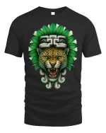 Aztec Jaguar Warrior Graphic Tee With Powerful Tribal Art - black t-shirt on white background