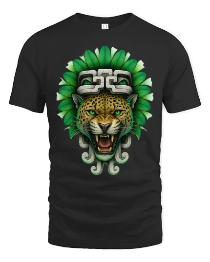 Aztec Jaguar Warrior Graphic Tee With Powerful Tribal Art - black t-shirt on white background