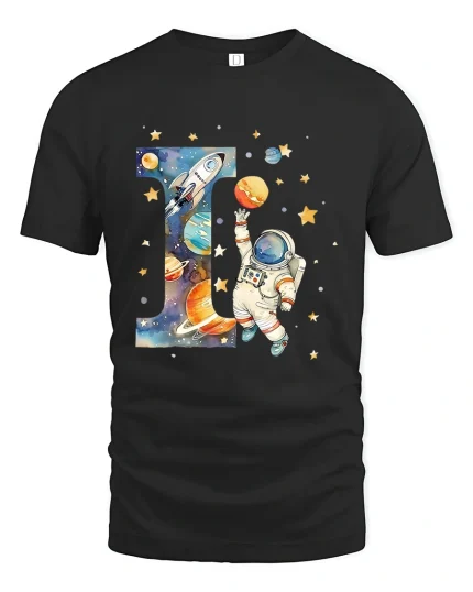 Astronaut Letter I Space Graphic Tee With Cute Cosmic Art - black t-shirt on white background