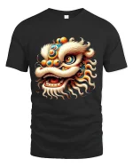 Colorful Chinese Lion Dance Graphic Tee With Festival Spirit - black t-shirt on white background