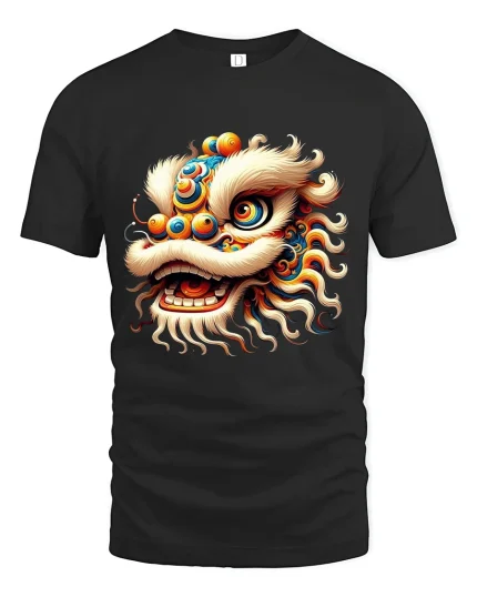 Colorful Chinese Lion Dance Graphic Tee With Festival Spirit - black t-shirt on white background