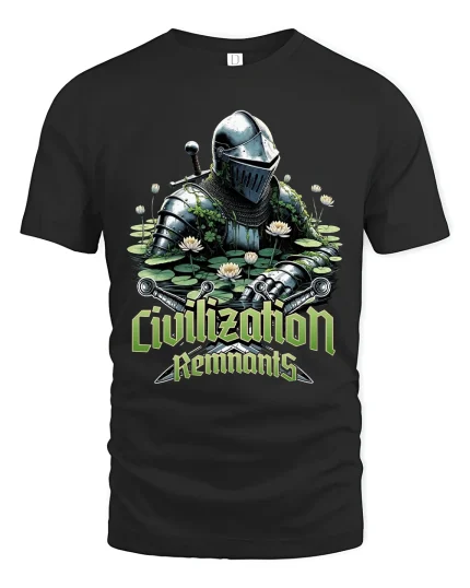 Civilization Remnants Knight Graphic Tee With Post Apocalyptic Art - black t-shirt on white background