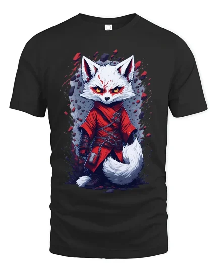 Fox Warrior Graphic Tee With Fierce Anime Style Art - black t-shirt on white background
