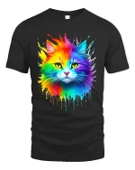 Rainbow Splash Cat Graphic Tee With Colorful Artistic Vibes - black t-shirt on white background