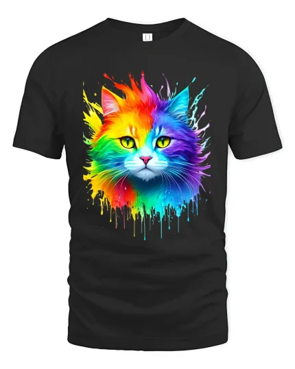Rainbow Splash Cat Graphic Tee With Colorful Artistic Vibes - black t-shirt on white background