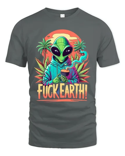 Alien Fuck Earth Graphic Tee With Retro Psychedelic Art - gray t-shirt on white background