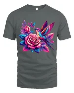 Colorful Hummingbird And Rose Graphic Tee With Floral Art - gray t-shirt on white background