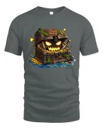 Spooky Treasure Chest Graphic Tee With Creepy Fantasy Art - gray t-shirt on white background
