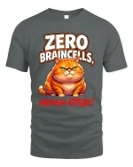 Zero Braincells Maximum Attitude Funny Cat Graphic Tee - gray t-shirt on white background