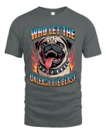 Who Let The Dog Unleash The Beast Funny Bulldog Graphic Tee - gray t-shirt on white background