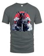 Demon Samurai Warrior Graphic Tee With Dark Japanese Art - gray t-shirt on white background