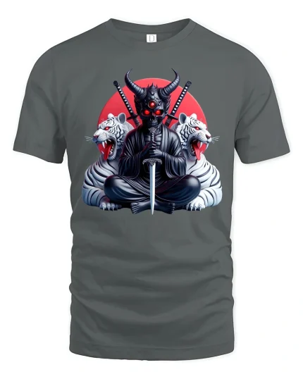 Demon Samurai Warrior Graphic Tee With Dark Japanese Art - gray t-shirt on white background