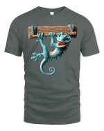 Funny Hanging Gecko Graphic Tee With Cute Cartoon Style - gray t-shirt on white background