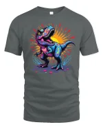 Colorful Roaring Dinosaur Graphic Tee With Neon Street Art - gray t-shirt on white background