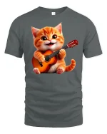 Cute Guitar Playing Kitten Graphic Tee With Happy Music Vibes - gray t-shirt on white background