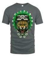 Aztec Jaguar Warrior Graphic Tee With Powerful Tribal Art - gray t-shirt on white background