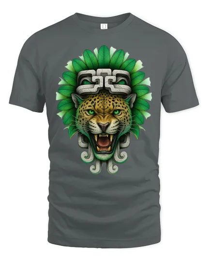 Aztec Jaguar Warrior Graphic Tee With Powerful Tribal Art - gray t-shirt on white background
