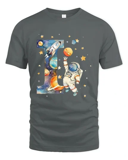 Astronaut Letter I Space Graphic Tee With Cute Cosmic Art - gray t-shirt on white background