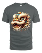 Colorful Chinese Lion Dance Graphic Tee With Festival Spirit - gray t-shirt on white background