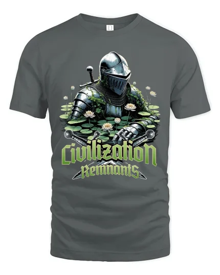 Civilization Remnants Knight Graphic Tee With Post Apocalyptic Art - gray t-shirt on white background
