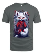 Fox Warrior Graphic Tee With Fierce Anime Style Art - gray t-shirt on white background