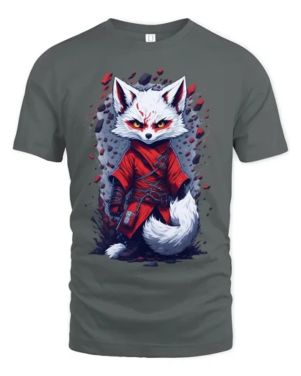 Fox Warrior Graphic Tee With Fierce Anime Style Art - gray t-shirt on white background