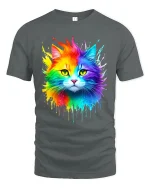 Rainbow Splash Cat Graphic Tee With Colorful Artistic Vibes - gray t-shirt on white background
