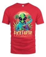 Alien Fuck Earth Graphic Tee With Retro Psychedelic Art - red t-shirt on white background