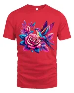 Colorful Hummingbird And Rose Graphic Tee With Floral Art - red t-shirt on white background