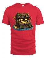 Spooky Treasure Chest Graphic Tee With Creepy Fantasy Art - red t-shirt on white background
