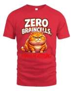 Zero Braincells Maximum Attitude Funny Cat Graphic Tee - red t-shirt on white background