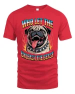 Who Let The Dog Unleash The Beast Funny Bulldog Graphic Tee - red t-shirt on white background