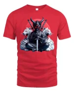 Demon Samurai Warrior Graphic Tee With Dark Japanese Art - red t-shirt on white background