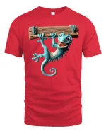 Funny Hanging Gecko Graphic Tee With Cute Cartoon Style - red t-shirt on white background