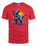 Colorful Roaring Dinosaur Graphic Tee With Neon Street Art - red t-shirt on white background