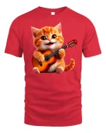Cute Guitar Playing Kitten Graphic Tee With Happy Music Vibes - red t-shirt on white background