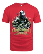 Civilization Remnants Knight Graphic Tee With Post Apocalyptic Art - red t-shirt on white background