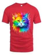 Rainbow Splash Cat Graphic Tee With Colorful Artistic Vibes - red t-shirt on white background