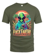 Alien Fuck Earth Graphic Tee With Retro Psychedelic Art - military green t-shirt on white background