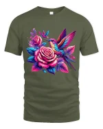 Colorful Hummingbird And Rose Graphic Tee With Floral Art - military green t-shirt on white background
